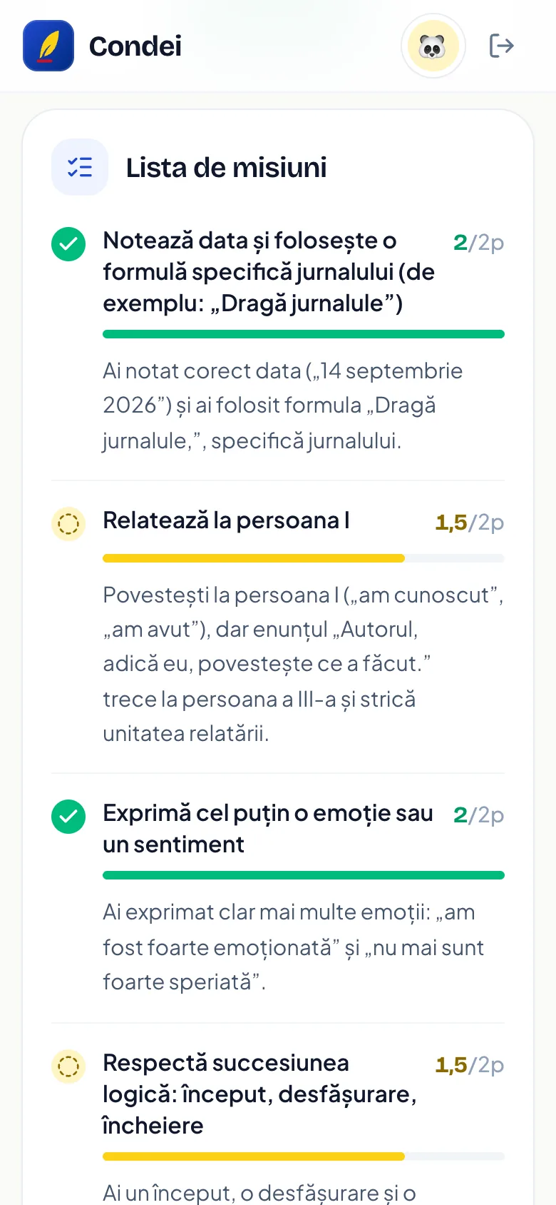 Punctajul pe fiecare criteriu, cu explicații