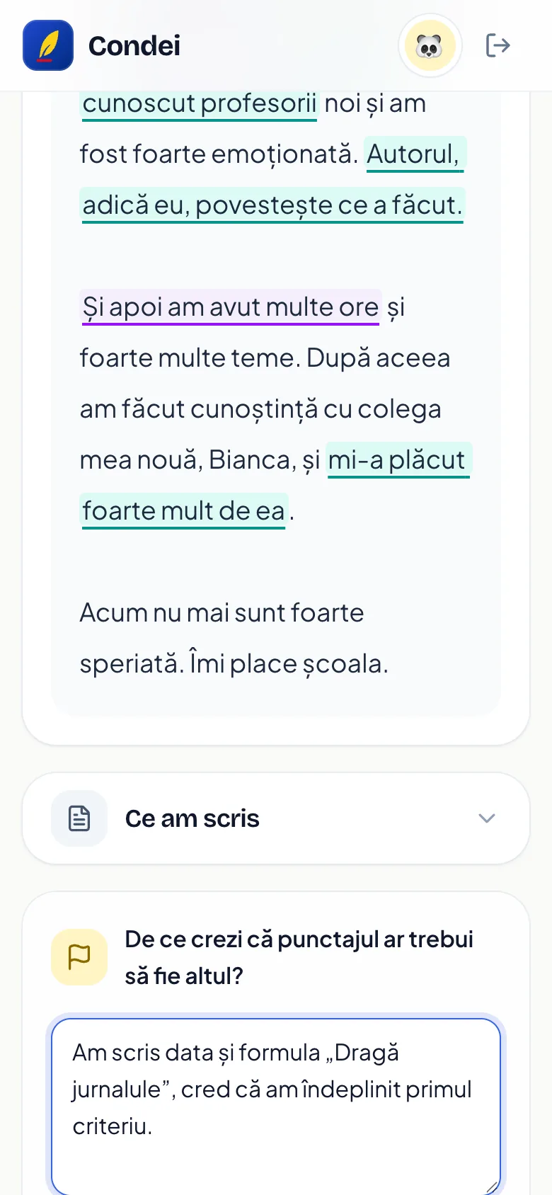 Greșelile subliniate și, dacă e cazul, contestația