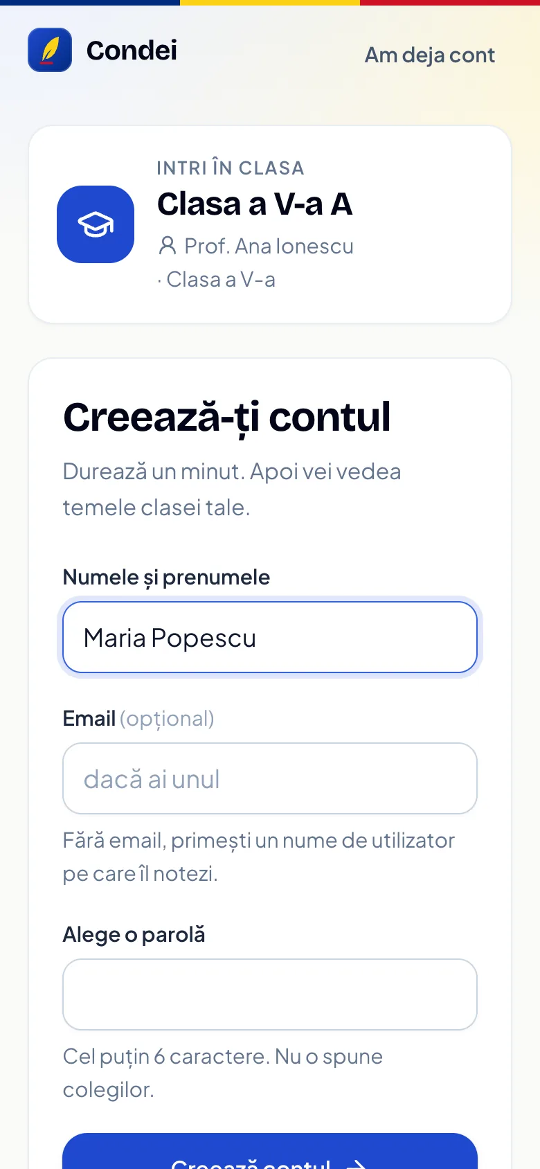 Elevul își creează contul și intră în clasă