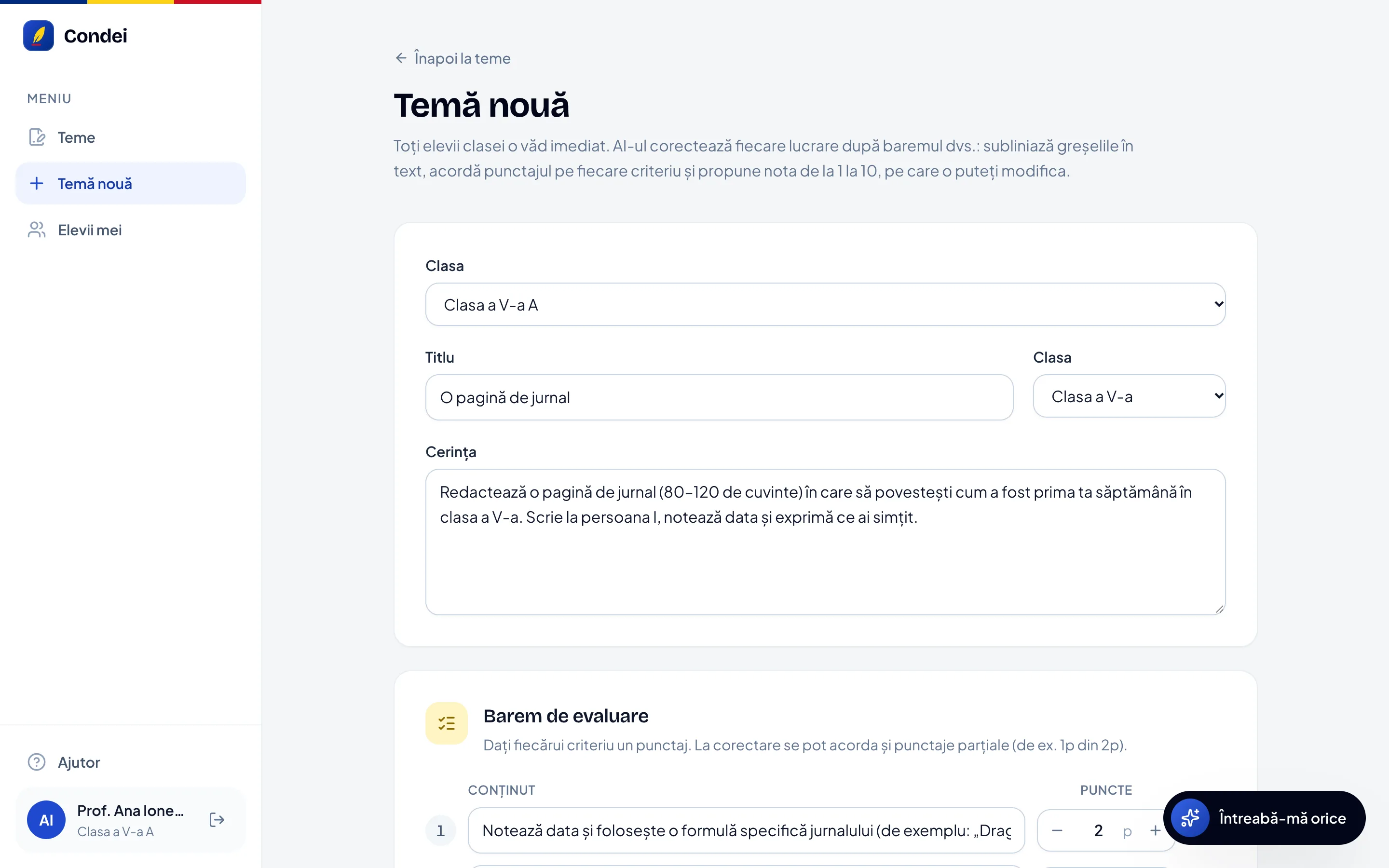 Pagina „Temă nouă”: clasa, titlul, cerința și începutul baremului